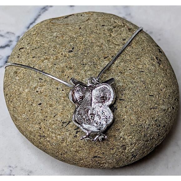 Large Owl Necklace White Gold Plated Pendant with Crystals - Picture 7 of 9